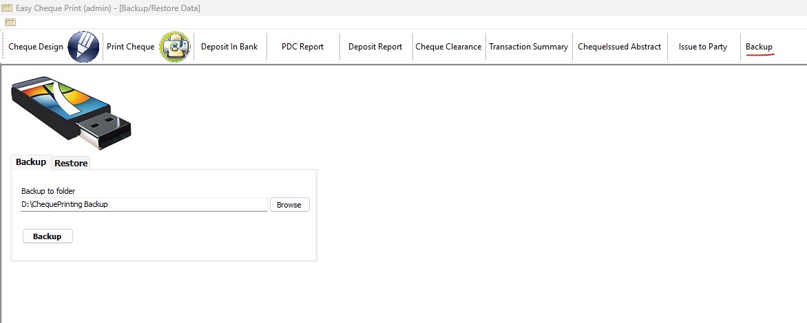 Easy Cheque Print Backup screen
