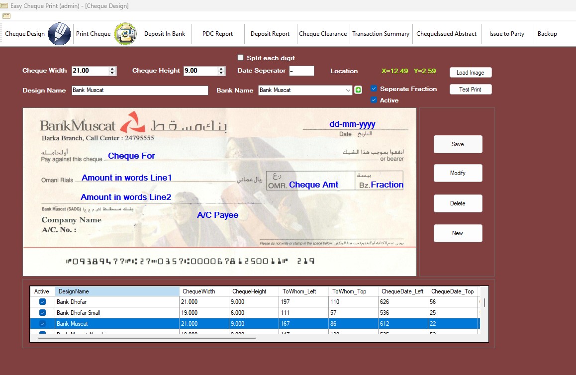Cheque Design screen with Bank Muscat cheque image and draggable fields