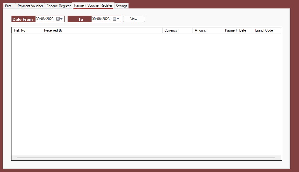 Payment Voucher Register tab