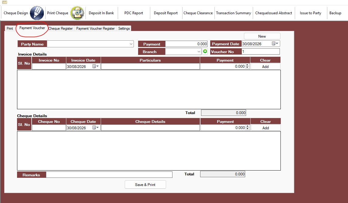Payment Voucher tab showing invoice and cheque detail grids