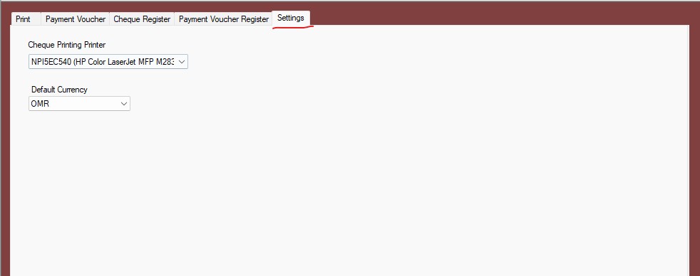 Settings tab with Cheque Printing Printer and Default Currency