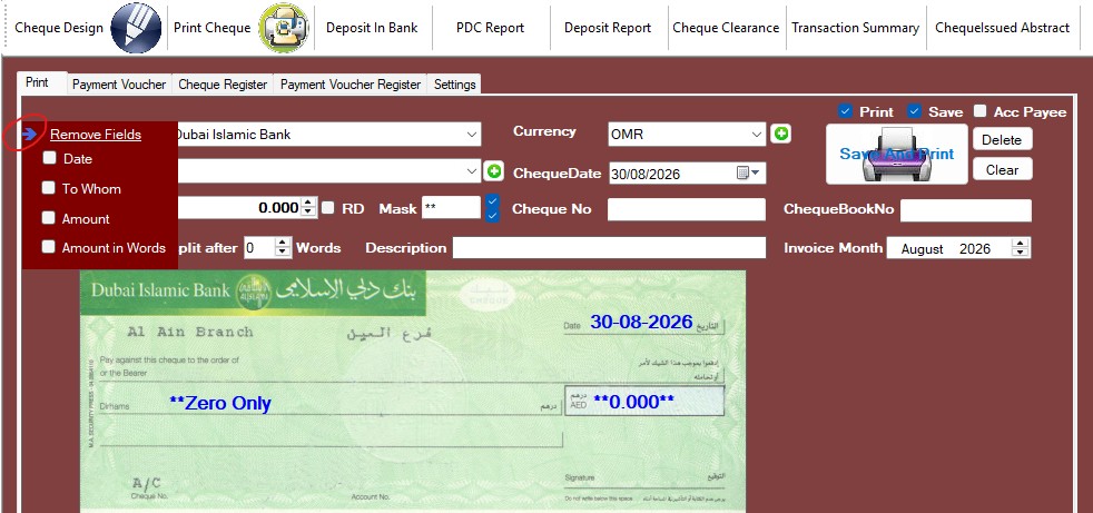 Remove Fields panel used to skip printing selected cheque fields